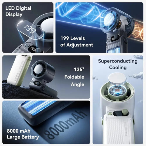 NeoJet Turbo 3-in-1 Handheld Fan- 8000mAh Rechargeable Portable Cooler, 199 Speeds, Foldable with LED Display